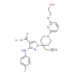 ChemSpider 2D Image | 1-{4-(Cyanomethyl)-1-[6-(2-hydroxyethoxy)-2-pyridinyl]-4-piperidinyl}-3-[(4-fluorophenyl)amino]-1H-pyrazole-4-carboxamide | C24H26FN7O3