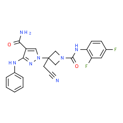 ChemSpider 2D Image | 3-Anilino-1-{3-(cyanomethyl)-1-[(2,4-difluorophenyl)carbamoyl]-3-azetidinyl}-1H-pyrazole-4-carboxamide | C22H19F2N7O2