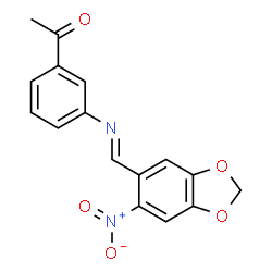 ChemSpider 2D Image | 1-(3-{(E)-[(6-Nitro-1,3-benzodioxol-5-yl)methylene]amino}phenyl)ethanone | C16H12N2O5