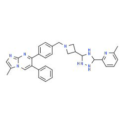 ChemSpider 2D Image | 3-Methyl-7-[4-({3-[5-(6-methyl-2-pyridinyl)-1,2,4-triazolidin-3-yl]-1-azetidinyl}methyl)phenyl]-6-phenylimidazo[1,2-a]pyrimidine | C31H32N8