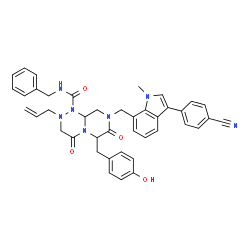 ChemSpider 2D Image | 2-Allyl-N-benzyl-8-{[3-(4-cyanophenyl)-1-methyl-1H-indol-7-yl]methyl}-6-(4-hydroxybenzyl)-4,7-dioxohexahydro-2H-pyrazino[2,1-c][1,2,4]triazine-1(6H)-carboxamide | C41H39N7O4