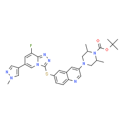 ChemSpider 2D Image | 2-Methyl-2-propanyl 4-(6-{[8-fluoro-6-(1-methyl-1H-pyrazol-4-yl)[1,2,4]triazolo[4,3-a]pyridin-3-yl]sulfanyl}-3-quinolinyl)-2,6-dimethyl-1-piperazinecarboxylate | C30H33FN8O2S