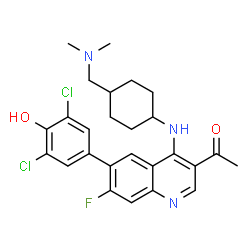 ChemSpider 2D Image | 1-[6-(3,5-Dichloro-4-hydroxyphenyl)-4-({4-[(dimethylamino)methyl]cyclohexyl}amino)-7-fluoro-3-quinolinyl]ethanone | C26H28Cl2FN3O2