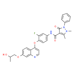 ChemSpider 2D Image | N-(3-Fluoro-4-{[7-(2-hydroxypropoxy)-4-quinolinyl]oxy}phenyl)-1,5-dimethyl-3-oxo-2-phenyl-2,3-dihydro-1H-pyrazole-4-carboxamide | C30H27FN4O5