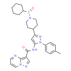ChemSpider 2D Image | N-{3-[1-(Cyclohexylsulfinyl)-4-piperidinyl]-1-(4-methylphenyl)-1H-pyrazol-5-yl}pyrazolo[1,5-a]pyrimidine-3-carboxamide | C28H33N7O2S