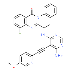 ChemSpider 2D Image | 2-[1-({6-Amino-5-[(5-methoxy-2-pyridinyl)ethynyl]-4-pyrimidinyl}amino)ethyl]-8-fluoro-3-phenyl-4(3H)-quinazolinone | C28H22FN7O2