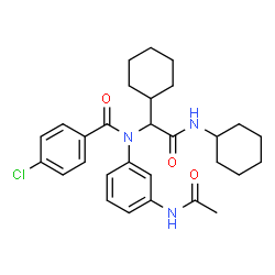 ChemSpider 2D Image | N-(3-Acetamidophenyl)-4-chloro-N-[1-cyclohexyl-2-(cyclohexylamino)-2-oxoethyl]benzamide | C29H36ClN3O3