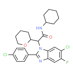 ChemSpider 2D Image | 2-[6-Chloro-2-(4-chlorophenyl)-5-fluoro-1H-benzimidazol-1-yl]-N-cyclohexyl-2-(tetrahydro-2H-pyran-2-yl)acetamide | C26H28Cl2FN3O2