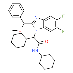 ChemSpider 2D Image | N,2-Dicyclohexyl-2-{5,6-difluoro-2-[methoxy(phenyl)methyl]-1H-benzimidazol-1-yl}acetamide | C29H35F2N3O2