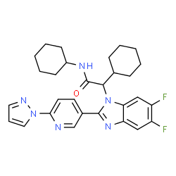 ChemSpider 2D Image | N,2-Dicyclohexyl-2-{5,6-difluoro-2-[6-(1H-pyrazol-1-yl)-3-pyridinyl]-1H-benzimidazol-1-yl}acetamide | C29H32F2N6O