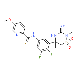 ChemSpider 2D Image | N-[3,4-Difluoro-5-(3-imino-2,5-dimethyl-1,1-dioxido-1,2,4-thiadiazinan-5-yl)phenyl]-5-methoxy-2-pyridinecarbothioamide | C18H19F2N5O3S2