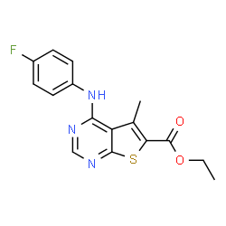 ChemSpider 2D Image | Ethyl 4-[(4-fluorophenyl)amino]-5-methylthieno[2,3-d]pyrimidine-6-carboxylate | C16H14FN3O2S