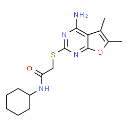 ChemSpider 2D Image | 2-[(4-Amino-5,6-dimethylfuro[2,3-d]pyrimidin-2-yl)sulfanyl]-N-cyclohexylacetamide | C16H22N4O2S