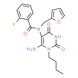 ChemSpider 2D Image | N-(6-Amino-1-butyl-2,4-dioxo-1,2,3,4-tetrahydro-5-pyrimidinyl)-2-fluoro-N-(2-furylmethyl)benzamide | C20H21FN4O4