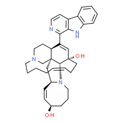 ChemSpider 2D Image | (1R,2R,4R,5Z,7R,12R,13S,16Z)-25-(9H-beta-Carbolin-1-yl)-11,22-diazapentacyclo[11.11.2.1~2,22~.0~2,12~.0~4,11~]heptacosa-5,16,25-triene-7,13-diol | C36H44N4O2