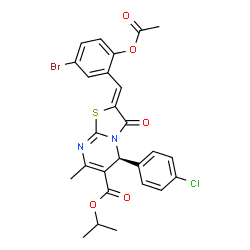 ChemSpider 2D Image | Isopropyl (2Z,5S)-2-(2-acetoxy-5-bromobenzylidene)-5-(4-chlorophenyl)-7-methyl-3-oxo-2,3-dihydro-5H-[1,3]thiazolo[3,2-a]pyrimidine-6-carboxylate | C26H22BrClN2O5S