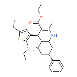 ChemSpider 2D Image | Ethyl (4R,7S)-4-[5-ethyl-2-(ethylsulfanyl)-3-thienyl]-2-methyl-5-oxo-7-phenyl-1,4,5,6,7,8-hexahydro-3-quinolinecarboxylate | C27H31NO3S2