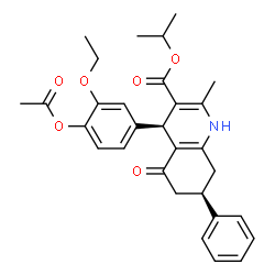 ChemSpider 2D Image | Isopropyl (4R,7R)-4-(4-acetoxy-3-ethoxyphenyl)-2-methyl-5-oxo-7-phenyl-1,4,5,6,7,8-hexahydro-3-quinolinecarboxylate | C30H33NO6