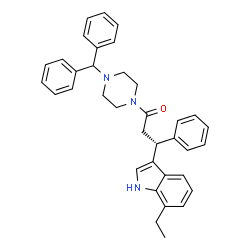 ChemSpider 2D Image | (3R)-1-[4-(Diphenylmethyl)-1-piperazinyl]-3-(7-ethyl-1H-indol-3-yl)-3-phenyl-1-propanone | C36H37N3O