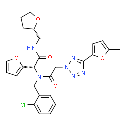 ChemSpider 2D Image | N-(2-Chlorobenzyl)-N-[(1R)-1-(2-furyl)-2-oxo-2-{[(2S)-tetrahydro-2-furanylmethyl]amino}ethyl]-2-[5-(5-methyl-2-furyl)-2H-tetrazol-2-yl]acetamide | C26H27ClN6O5