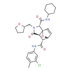 ChemSpider 2D Image | (1S,2S,5R,6R,7R)-N~6~-(3-Chloro-4-methylphenyl)-N~2~-cyclohexyl-4-oxo-3-[(2S)-tetrahydro-2-furanylmethyl]-10-oxa-3-azatricyclo[5.2.1.0~1,5~]dec-8-ene-2,6-dicarboxamide | C28H34ClN3O5