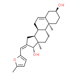 ChemSpider 2D Image | (3beta,9beta,10alpha,13alpha,16Z,17beta)-16-[(5-Methyl-2-furyl)methylene]androst-5-ene-3,17-diol | C25H34O3