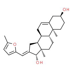 ChemSpider 2D Image | (3beta,9beta,14beta,16E,17alpha)-16-[(5-Methyl-2-furyl)methylene]androst-5-ene-3,17-diol | C25H34O3