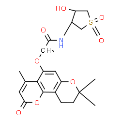 ChemSpider 2D Image | N-[(3S,4R)-4-Hydroxy-1,1-dioxidotetrahydro-3-thiophenyl]-2-[(4,8,8-trimethyl-2-oxo-9,10-dihydro-2H,8H-pyrano[2,3-f]chromen-5-yl)oxy]acetamide | C21H25NO8S
