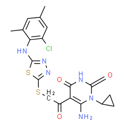 ChemSpider 2D Image | 6-Amino-5-[({5-[(2-chloro-4,6-dimethylphenyl)amino]-1,3,4-thiadiazol-2-yl}sulfanyl)acetyl]-1-cyclopropyl-2,4(1H,3H)-pyrimidinedione | C19H19ClN6O3S2