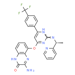 ChemSpider 2D Image | 3-Amino-5-[(2-{[(1R)-1-(2-pyridinyl)ethyl]amino}-6-[4-(trifluoromethyl)phenyl]-4-pyrimidinyl)oxy]-2(1H)-quinoxalinone | C26H20F3N7O2