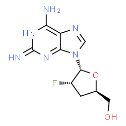 ChemSpider 2D Image | 9-(2,3-Dideoxy-2-fluoro-alpha-L-erythro-pentofuranosyl)-9H-purine-2,6-diamine | C10H13FN6O2