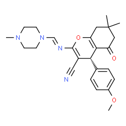 ChemSpider 2D Image | (4R)-4-(4-Methoxyphenyl)-7,7-dimethyl-2-{(E)-[(4-methyl-1-piperazinyl)methylene]amino}-5-oxo-5,6,7,8-tetrahydro-4H-chromene-3-carbonitrile | C25H30N4O3