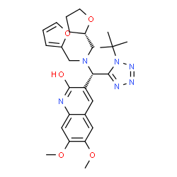 ChemSpider 2D Image | 3-{(S)-{(2-Furylmethyl)[(2S)-tetrahydro-2-furanylmethyl]amino}[1-(2-methyl-2-propanyl)-1H-tetrazol-5-yl]methyl}-6,7-dimethoxy-2-quinolinol | C27H34N6O5
