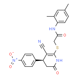 ChemSpider 2D Image | 2-{[(4S)-3-Cyano-4-(4-nitrophenyl)-6-oxo-1,4,5,6-tetrahydro-2-pyridinyl]sulfanyl}-N-(2,4-dimethylphenyl)acetamide | C22H20N4O4S