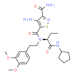 ChemSpider 2D Image | 4-Amino-N~5~-[(2S)-1-(cyclopentylamino)-1-oxo-2-butanyl]-N~5~-[2-(3,4-dimethoxyphenyl)ethyl]-1,2-thiazole-3,5-dicarboxamide | C24H33N5O5S