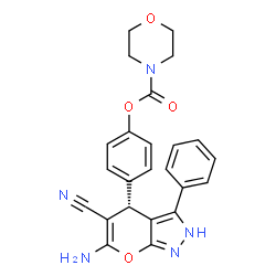 ChemSpider 2D Image | 4-[(4R)-6-Amino-5-cyano-3-phenyl-1,4-dihydropyrano[2,3-c]pyrazol-4-yl]phenyl 4-morpholinecarboxylate | C24H21N5O4