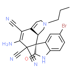 ChemSpider 2D Image | (3R,8a'R)-6'-Amino-5-bromo-2-oxo-2'-propyl-1,1',2,2',3',8a'-hexahydro-7'H-spiro[indole-3,8'-isoquinoline]-5',7',7'-tricarbonitrile | C22H19BrN6O