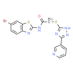 ChemSpider 2D Image | N-(6-Bromo-1,3-benzothiazol-2-yl)-2-{[3-(3-pyridinyl)-1H-1,2,4-triazol-5-yl]sulfanyl}acetamide | C16H11BrN6OS2