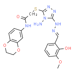 ChemSpider 2D Image | 2-({4-Amino-5-[(2E)-2-(2-hydroxy-3-methoxybenzylidene)hydrazino]-4H-1,2,4-triazol-3-yl}sulfanyl)-N-(2,3-dihydro-1,4-benzodioxin-6-yl)acetamide | C20H21N7O5S