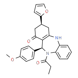 ChemSpider 2D Image | (3S,11S)-3-(2-Furyl)-11-(4-methoxyphenyl)-10-propionyl-2,3,4,5,10,11-hexahydro-1H-dibenzo[b,e][1,4]diazepin-1-one | C27H26N2O4