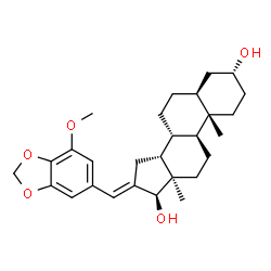 ChemSpider 2D Image | (3beta,5beta,13alpha,14beta,16E,17alpha)-16-[(7-Methoxy-1,3-benzodioxol-5-yl)methylene]androstane-3,17-diol | C28H38O5