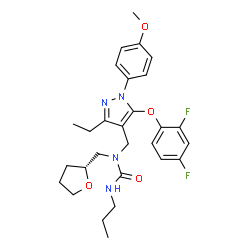 ChemSpider 2D Image | 1-{[5-(2,4-Difluorophenoxy)-3-ethyl-1-(4-methoxyphenyl)-1H-pyrazol-4-yl]methyl}-3-propyl-1-[(2R)-tetrahydro-2-furanylmethyl]urea | C28H34F2N4O4