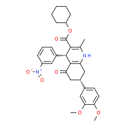 ChemSpider 2D Image | Cyclohexyl (4S,7S)-7-(3,4-dimethoxyphenyl)-2-methyl-4-(3-nitrophenyl)-5-oxo-1,4,5,6,7,8-hexahydro-3-quinolinecarboxylate | C31H34N2O7