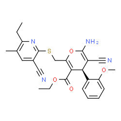 ChemSpider 2D Image | Ethyl (4R)-6-amino-5-cyano-2-{[(3-cyano-6-ethyl-5-methyl-2-pyridinyl)sulfanyl]methyl}-4-(2-methoxyphenyl)-4H-pyran-3-carboxylate | C26H26N4O4S