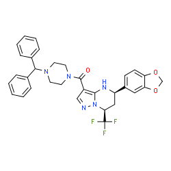 ChemSpider 2D Image | [(5R,7S)-5-(1,3-Benzodioxol-5-yl)-7-(trifluoromethyl)-4,5,6,7-tetrahydropyrazolo[1,5-a]pyrimidin-3-yl][4-(diphenylmethyl)-1-piperazinyl]methanone | C32H30F3N5O3