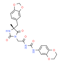 ChemSpider 2D Image | 2-[(4R)-4-(1,3-Benzodioxol-5-ylmethyl)-4-methyl-2,5-dioxo-1-imidazolidinyl]-N-(2,3-dihydro-1,4-benzodioxin-6-ylcarbamoyl)acetamide | C23H22N4O8
