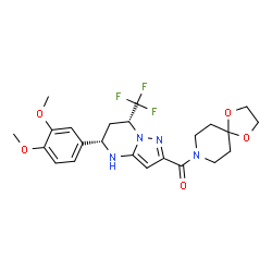 ChemSpider 2D Image | [(5S,7R)-5-(3,4-Dimethoxyphenyl)-7-(trifluoromethyl)-4,5,6,7-tetrahydropyrazolo[1,5-a]pyrimidin-2-yl](1,4-dioxa-8-azaspiro[4.5]dec-8-yl)methanone | C23H27F3N4O5