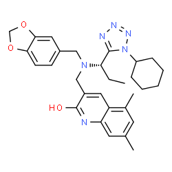 ChemSpider 2D Image | 3-({(1,3-Benzodioxol-5-ylmethyl)[(1S)-1-(1-cyclohexyl-1H-tetrazol-5-yl)propyl]amino}methyl)-5,7-dimethyl-2-quinolinol | C30H36N6O3