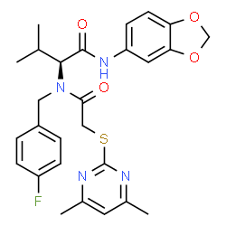 ChemSpider 2D Image | N-1,3-Benzodioxol-5-yl-N~2~-{[(4,6-dimethyl-2-pyrimidinyl)sulfanyl]acetyl}-N~2~-(4-fluorobenzyl)-L-valinamide | C27H29FN4O4S