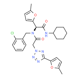 ChemSpider 2D Image | N-(2-Chlorobenzyl)-N-[(1S)-2-(cyclohexylamino)-1-(5-methyl-2-furyl)-2-oxoethyl]-2-[5-(5-methyl-2-furyl)-2H-tetrazol-2-yl]acetamide | C28H31ClN6O4
